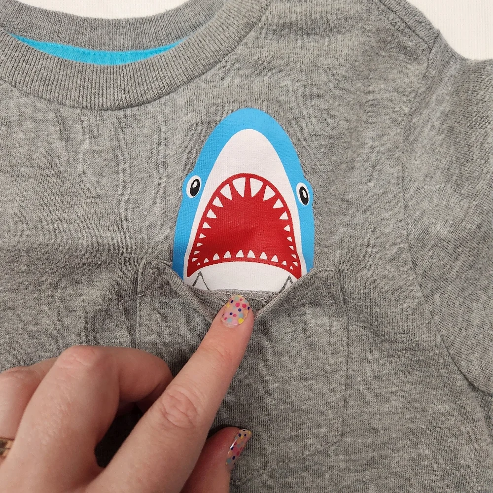 365 Kids grey shark shirt with matching blue ombre shorts